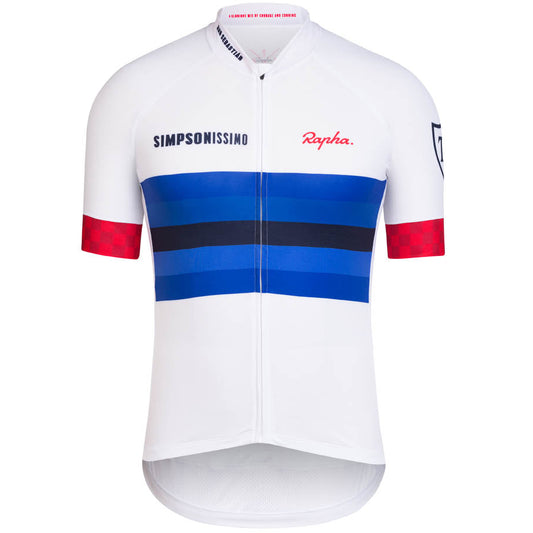 Cycling jersey with red, blue, and white design on a white background